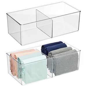 mDesign Plastic 2 Compartment Divided Drawer and Closet Storage Bin – Organizer for Scarves, Socks, Bras, and Underwear – Dress Drawer Organizer, Shelf Organization -2 Pack – Clear