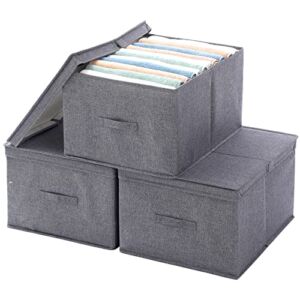 FIHAP Collapsible Storage Bins with Lids Closet Organizer Sturdy Fabric Containers Cubes Stackable Box for Clothes Bedroom Blankets Toys, 3 Pack Grey