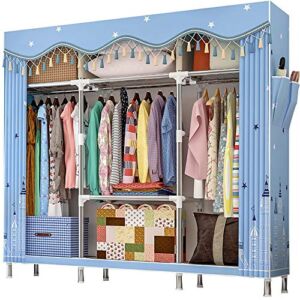 ZZBIQS Extra Large Clothes Wardrobe Storage Closet, Portable Garment Organizer Shelves Rack, Flannel Fabric Cover Standing Closet with Hang Rod and 2 Side Pockets(Blue)