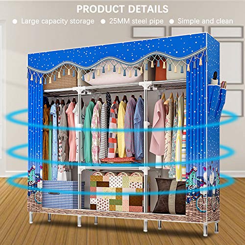 ZZBIQS Extra Large Clothes Wardrobe Storage Closet, Portable Garment Organizer Shelves Rack, Flannel Fabric Cover Standing Closet with Hang Rod and 2 Side Pockets(Blue) | The Storepaperoomates Retail Market - Fast Affordable Shopping