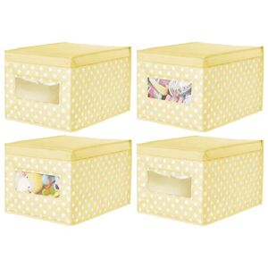 mDesign Soft Stackable Fabric Closet Storage Organizer Holder Box – Clear Window and Lid, for Child/Kids Room, Nursery, Playroom – Polka Dot Pattern, 4 Pack – Light Yellow with White Dots