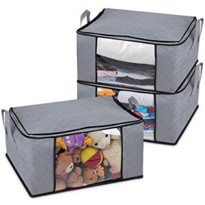 Regal Bazaar Clothes Storage Bag, Three Extra-Large Capacity Foldable Organizer Bins with Sturdy Handles, Strong 3-Layer Fabric and Dual Zippers, Jumbo Zippered Bin with Covers for Extra Large Comforters and Bedding, 3 Gray Bags (3x90L) in Each Pack