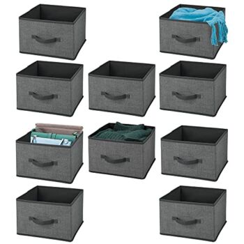 mDesign Soft Fabric Closet Storage Organizer Holder Cube Bin Box, Open Top, Front Handle for Closet, Bedroom, Bathroom, Entryway, Office – Textured Print, 10 Pack – Charcoal Gray/Black | The Storepaperoomates Retail Market - Fast Affordable Shopping