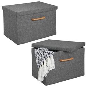 mDesign Soft Textured Fabric Stackable Home Storage Organizer Box with Wood Handle and Lid Cover for Closet, Bedroom, Hallway, Entryway, Closets to Hold Clothing, Accessories, 2 Pack – Charcoal Gray