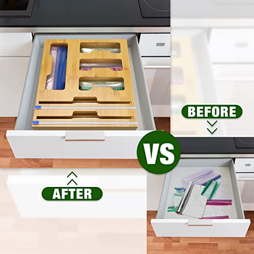 Wattne Bag Storage Organizer for Kitchen Drawer & Wrap Dispenser with Cutter, 6 in 1 Bamboo Organizer Compatible with 12″ Aluminum Foil Roll, Suitable for Gallon, Quart, Sandwich Bags, Roll etc | The Storepaperoomates Retail Market - Fast Affordable Shopping