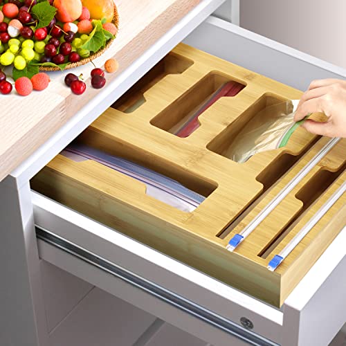 Wattne Bag Storage Organizer for Kitchen Drawer & Wrap Dispenser with Cutter, 6 in 1 Bamboo Organizer Compatible with 12″ Aluminum Foil Roll, Suitable for Gallon, Quart, Sandwich Bags, Roll etc | The Storepaperoomates Retail Market - Fast Affordable Shopping