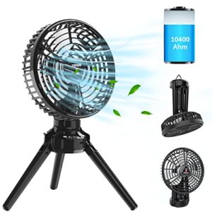 Portable Camping Fan, 10400mAh Rechargeable Battery Operated Fan Outdoor Tent Fan With LED Lantern, Foldable Tripod, Hang Hook, 270° Rotation & 3 Speeds For Camping,Tent,Fishing,Travel,Home