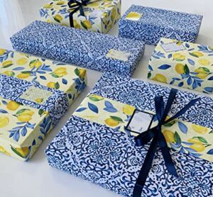 ECOARTTE Lemons and Moroccan Tile Wrapping Paper set includes: 6 Reversible Sheets 28”x20”, 6 Adhesive Gift Tags and 3 yards of Ribbon. The Paper is 100% Recyclable, Great for Weddings & More