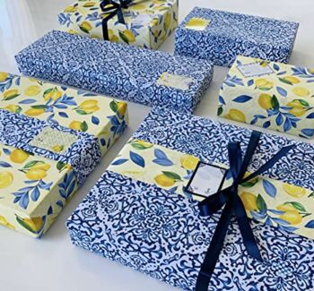 ECOARTTE Lemons and Moroccan Tile Wrapping Paper set includes: 6 Reversible Sheets 28”x20”, 6 Adhesive Gift Tags and 3 yards of Ribbon. The Paper is 100% Recyclable, Great for Weddings & More | The Storepaperoomates Retail Market - Fast Affordable Shopping