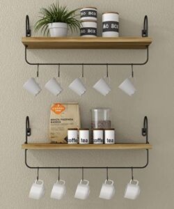 Godimerhea Floating Shelves with Hooks, Set of 2 Rustic Wall Mounted Wooden Decorative Storage Shelves with Towel Rack for Coffee Bar, Kitchen, Living Room（Brown）