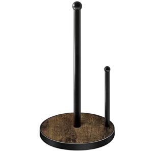 Black Paper Towel Holder Stand Countertop Kitchen Farmhouse Standing Paper Towel Roll Holders with Rustic Wooden Base for Standard and Jumbo-Sized Paper Towels