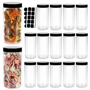 16 Pack 500ml 16 oz Empty Clear Plastic Jars with Black Lids, Refillable Round Containers for Kitchen Food & Home Storage, powder, Cream, Scrubs, Cookie,Dried Fruit. Include 1 Pen and 40 Labels.