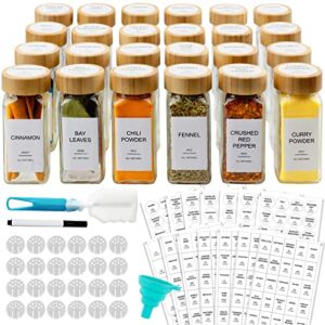 AISIPRIN 24 Pcs Glass Spice Jars with Bamboo Airtight Lids and 398 Labels, 4oz Empty Square Containers Seasoning Storage Bottles – Shaker Lids, Funnel, Brush and Marker Included