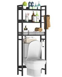 Furnulem 3 Tier Over The Toilet Storage Rack Black Bathroom Storage Shelf Wooden Space Saver Organizer, Above Toilet Stand, with Towel Bar and Toilet Paper Holder,1 Baskets