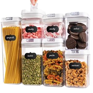 Airtight Food Storage Containers – Clear Plastic, Lid Lock, Reusable Stickers, Various Sizes, BPA Free. Perfect Dry Food Storage Organization for Kitchen and Pantry. (Set of 7)