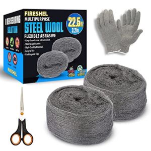 Steel Wool Mice Fabric Roll Control 2 Pcs Total (3.2”x 22.5 Feet) – Gap Fill Fabric – Block Holes, Wall Cracks, Cleans Rusty Tools, Hardware DIY Kit – One Pair of Gloves and Scissor Included