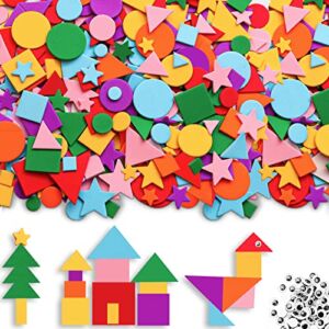 Gushu 1500Pcs Foam Stickers Foam Shapes Stickers for Kids Self Adhesive DIY Craft Supplies Mini Assorted Geometric Shape Preschool Stickers with Self-Adhesive Wiggle Googly Eyes