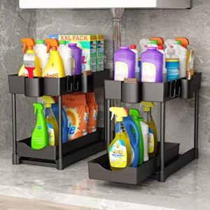 2 Pack Under Sink Organizers and Storage Pull Out Drawers,2 Tier Sliding Under Cabinet Organizer, Bathroom Organizer Under Kitchen Sink Storage, Under Sink Shelf Baskets with 4 Cups 8 Hooks,Black