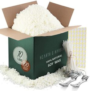 Hearth & Harbor Soy Candle Wax for Candle Making, Natural Soy Wax for Candle Making 10 lb Bag with Supplies, 100 Cotton Candle Wicks, 100 Wick Stickers, 2 Centering Devices – 10 Pounds Soy Wax Flakes