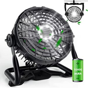 Rechargeable Fan Camping Fan for Tents, 10400mAh Portable Fans with LED Light, Emergency Power Bank and Clip, 16Hrs Last and Quiet Battery Powered Fan for Bedroom, Tents, Office, Summer, Home, Outage
