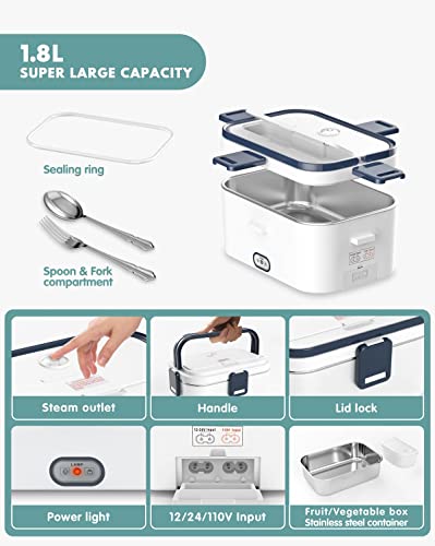 Electric Lunch Box Food Heater, 12V 24V 110V Portable Food Warmer Heater for Car/Truck/Home, Heated Lunch Box with Stainless Steel Container 0.45L Compartment, Fork, Spoon, Carry Bag, Cleaning Kit | The Storepaperoomates Retail Market - Fast Affordable Shopping