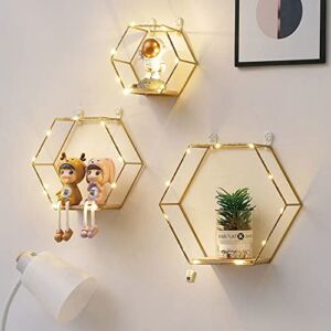 Liywall – Hexagon Floating Shelves Wall Decor, Gold Metal Wire and Wood Wall Mounted Storage Shelf Home Decorations Art for Bedroom Living Room Kitchen Bathroom, Set of 3 with LED Lights