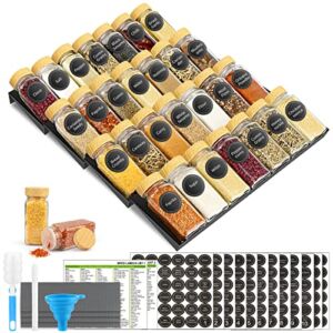 Spice Drawer Organizer, Spice Rack with 28 Spice Jars, 386 Labels, Marker & Funnel, 4 Tier Heavy Gauge Steel Seasoning Organizer Tray for Kitchen Drawer, Cabinets, Countertop, 13.4″ Wide x 18.7″ Deep