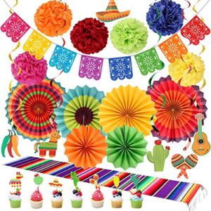 Mexican Party Decorations Fiesta Themed – Cinco De Mayo Party Supplies Decor for Birthday Wedding Baby Shower – Paper Fans+ Pom Poms+Papel Picado Banner+Disposable Table Cover+Cupcake Topper