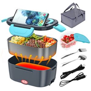 Electric Lunch Box 60W Food Warmer Heater 12V 24V 110V Faster Heated Lunch Box for Car/Truck/Home Portable Heating Boxes with 1.5L 304 SS Container Fork & Spoon