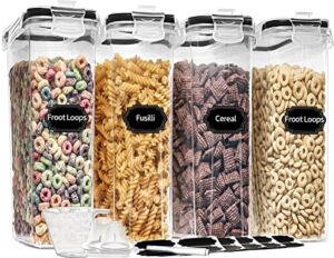 PRAKI Cereal Containers Storage Set (4L,135.2 Oz), 4PCS Airtight Food Storage Containers with Pour Spout for Kitchen & Pantry Organization Cereal Dispensers with 20 labels, Measuring Cup & Marker