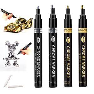 4Pcs Liquid Mirror Chrome Marker Set, DIY Silver & Gold Alcohol Paint Pump Pens(1mm,3mm), Double Pack of Both Fine and Medium Tip Paint Markers for on Any Surface, Get 2 Replaceable Nibs 2mm FREE