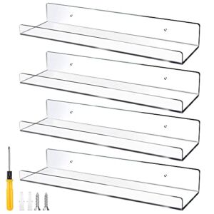 15-Inch 4 Pcs Floating Shelves Dulinkas Clear Acrylic Shelves Invisible Floating Wall Ledge Bookshelf 5MM Thick Premium Book Display Shelves Wall Mounted Bathroom Kitchen Organizer