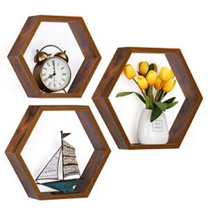 Rustic Hexagon Floating Shelves, 3 Pack Wall Mounted Honeycomb Wall Shelves, Wood Farmhouse Storage Decor for Bathroom, Bedroom, Living Room.