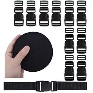 DTXUP Buckle Straps 1 Inch 10 Yards Polypropylene Webbing Strap Band with 10 Set 1 inch Side Release Plastic Buckles + 10 Tri-Glide Slides Clips, Straps with Clips Black Updated Version