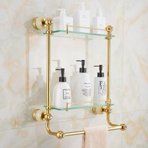 QFFL Tempered Glass Bathroom Rack with Hand Towel Bar, European Retro Floating Shelf,Wall Mounted Shower Storage Rack,1-2 Tier, 50cm (Color : Gold b, Size : 1 Tier)