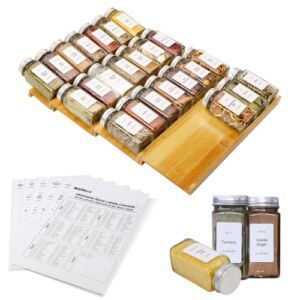 KitHero Spice Drawer Organizer with 24 Jars and 216 Labels,Non-slip Rubber, Bamboo 4 Tier Spice Racks Tray Seasoning Containers for Kitchen Drawers,Cabinets,Countertop,13″ Wide * 15.8″ Deep