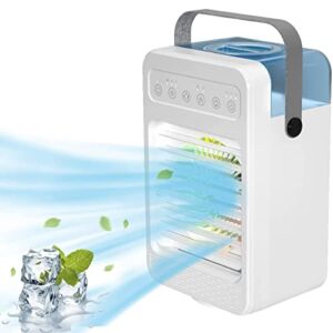 Portable Air Conditioner, 120°Oscillating Evaporative Personal Air Cooler with 4 Speeds Rainbow LED Light,2 Spray Humidify,2/4/6H Timer,600ml Tank,Low Noise, Desktop Office, Home, Bedroom, Dormitory
