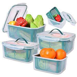MYWKD Fruit and Vegetable Storage Container for Fridge, Produce Saver Containers for Refrigerator, Double Layer Drain Basket with Lid, Kitchen Romaine Lettuce Berry Salad Container (5-pcs, Blue)