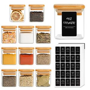 ComSaf 12Pcs Glass Spice Jars with Bamboo Lid, 4oz Airtight Square Spice Containers with 275 Black Lables, Empty Seasoning Jars for Spice Salt Sugar