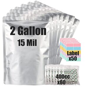 30pcs 2 Gallon Mylar Bags for Food Storage (15 Mil Extra Thick) with Oxygen Absorbers 400CC (60 pcs) , Stand-Up Zipper Pouches Resealable and Heat Sealable Bags for Long Term Food Storage(13″x17″)
