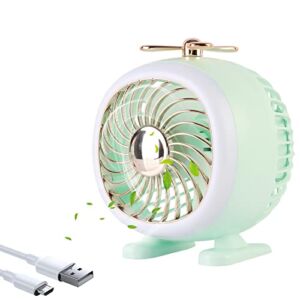 YOZEB 3 Level Speeds Mini Desk Fan, Rechargeable Operated Fan with LED Light Portable USB Fan Quiet for Home Office Student Bed Desk Crib Treadmill Camping (Green)