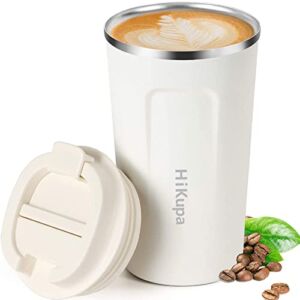HiKupa Insulated Travel Mug with Lid, 510ml Leakproof Stainless Steel Tumbler, BPA Free, Double Walled Vacuum Coffee Mug, Thermal Cup for Hot and Cold Drinks (17oz, White)