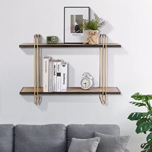 Oakrain Floating Shelves Wood, 32″ Industrial Wall Shelves with Metal Frame for Bedroom, Living Room, Bathroom, Kitchen, Bar, Gold