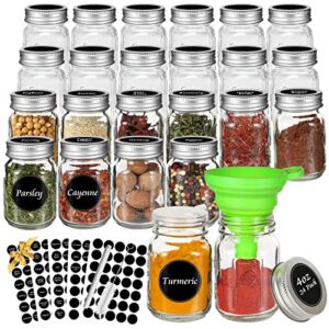 Spice Jars with Label 4oz 24Pcs, AuroTrends 4oz Glass Jars with Lids 24Pack Complete Set-Round Glass Spice Jars with Shaker Lids | Pre-printed Labels & Blank Labels | Chalk Marker | Straw Brush | Funnel