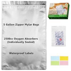 5 Gallon Mylar Bags with Oxygen Absorbers for Food Storage (20 Pack) Big Mylar Bags for Food Storage with 25 Single Sealed 2500CC Oxygen Absorbers & Labels Total 10.5 Mil Zipper Pouches SENDGREEN…