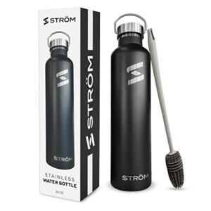 Strom 32oz Black Stainless Steel Water Bottle, Free Cleaning Brush, Fits Cup Holders, Plastic Free, BPA Free, 3.25 inch Width, Vacuum Insulated, 32 Ounce Healthy, Double Walled, Thermos, All Metal