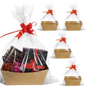 Aoibrloy Basket for Gifts Empty, Kraft Basket With Handles Gift Basket Kit With 5 Empty Gift Baskets, 5 Bags and 5 Bows, Gift Packages for Wedding, Birthday Party Gift Wrapping