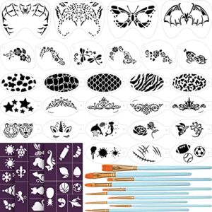 42 Pcs Face Paint Stencils Kits Includes 28 Reusable Facial Painting Stencils with 4 Stickers 10 Painting Brushes Plastic Tattoo Painting Templates for Kids Halloween Party Makeup (Fresh Style)