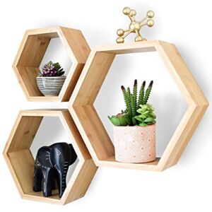 Bamboo Hexagon Floating Shelves For Wall Decor – Set Of 3 – Eco-friendly Honeycomb Shelves For Wall Mounted Hexagon Shelf Room Decor With Hanging Hardware, Wall Shelves, Hexagon Shelves For Home Decor