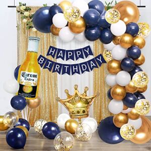 Navy Blue Gold Birthday Party Decorations for Men Women Boys Girls with HAPPY BIRTHDAY Banner, Crown balloons,Corona Foil Balloons ,Balloon Garland Kit